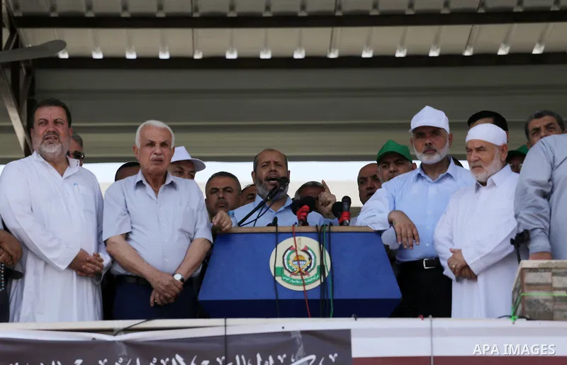 Senior Hamas leader Khalil al-Hayah speaks during a protest against Israel's new security measures at the entrance to the al-Aqsa mosque compound, which include metal detectors and cameras, in Gaza City on July 21, 2017....