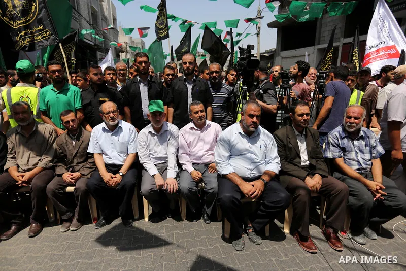 Yahya Sinwar the new leader of the Hamas Islamist movement in the Gaza Strip takes part in a protest against Israel's new security measures at the entrance to the al-Aqsa mosque compound, which include metal detectors an...