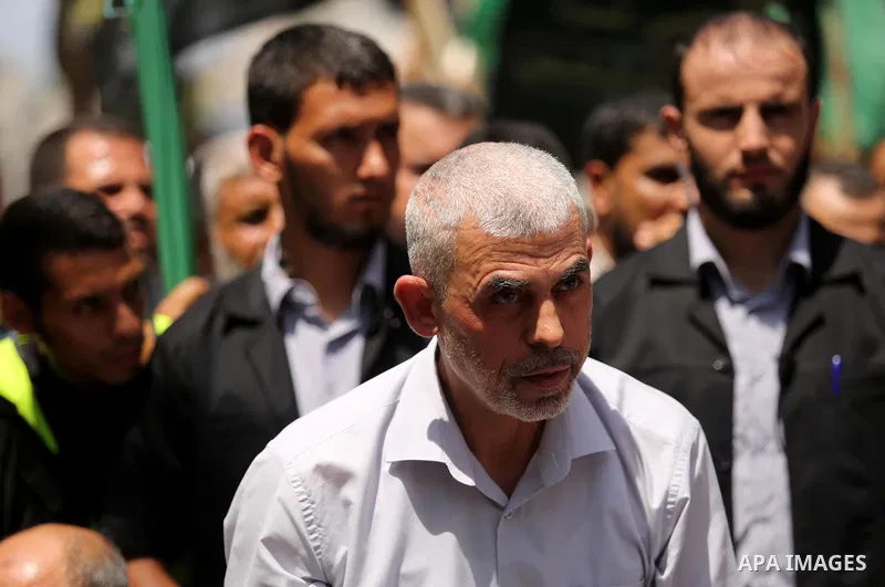 Yahya Sinwar the new leader of the Hamas Islamist movement in the Gaza Strip takes part in a protest against Israel's new security measures at the entrance to the al-Aqsa mosque compound, which include metal detectors an...