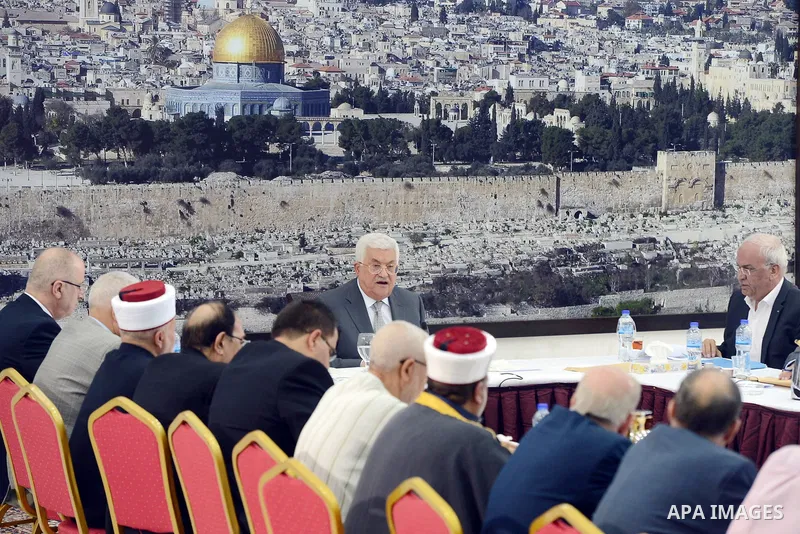 Palestinian president Mahmoud Abbas gives a speech during a meeting of Palestinian leadership in the West Bank city of Ramallah on July 21, 2017, during which he announced freezing contacts with Israel over new security...