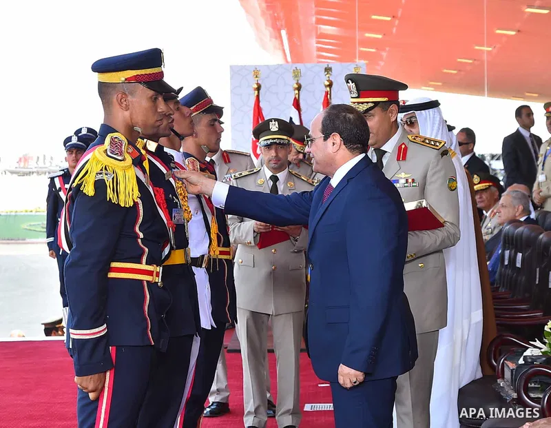 Egyptian President Abdel Fattah al-Sisi during the opening of the Mohamed Najib military base, the graduation of new graduates from military colleges, and the celebration of the 65th anniversary of the July 23 revolution...