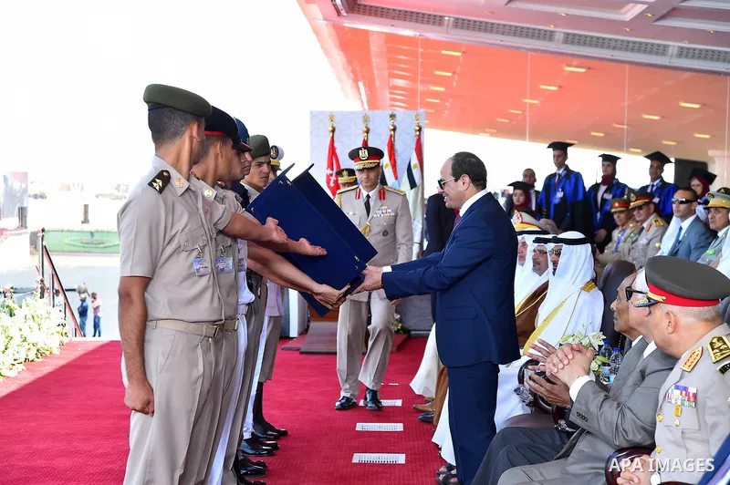 Egyptian President Abdel Fattah al-Sisi during the opening of the Mohamed Najib military base, the graduation of new graduates from military colleges, and the celebration of the 65th anniversary of the July 23 revolution...