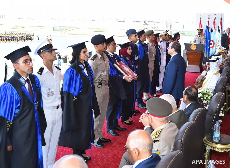 Egyptian President Abdel Fattah al-Sisi during the opening of the Mohamed Najib military base, the graduation of new graduates from military colleges, and the celebration of the 65th anniversary of the July 23 revolution...