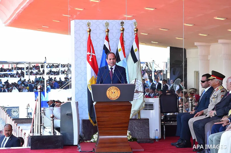 Egyptian President Abdel Fattah al-Sisi gives a speech at the opening of the Mohamed Najib military base, the graduation of new graduates from military colleges, and the celebration of the 65th anniversary of the July 23...