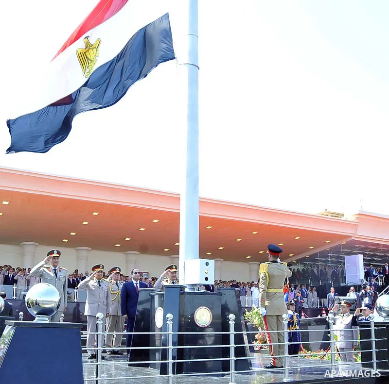 Egyptian President Abdel Fattah al-Sisi during the opening of the Mohamed Najib military base, the graduation of new graduates from military colleges, and the celebration of the 65th anniversary of the July 23 revolution...