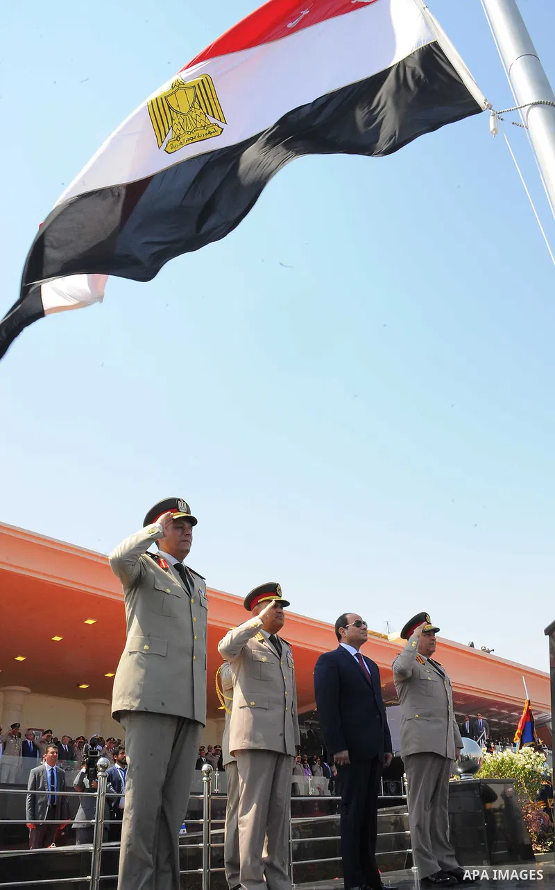 Egyptian President Abdel Fattah al-Sisi during the opening of the Mohamed Najib military base, the graduation of new graduates from military colleges, and the celebration of the 65th anniversary of the July 23 revolution...