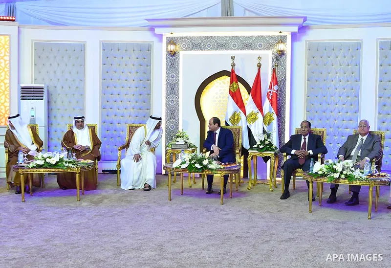 Egyptian President Abdel Fattah al-Sisi rides a vehicle with Arab leaders Sheikh Mohammed bin Zayed, Crown Prince of Abu Dhabi, Salman Bin Hamad Al Khalifa, Crown Prince of Bahrain, Prince Khalid Al-Faisal, Governor of M...