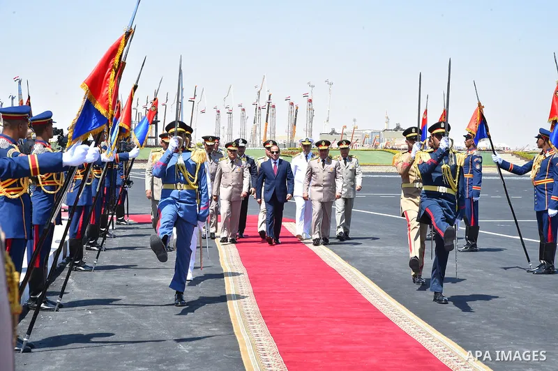 Egyptian President Abdel Fattah al-Sisi during the opening of the Mohamed Najib military base, the graduation of new graduates from military colleges, and the celebration of the 65th anniversary of the July 23 revolution...
