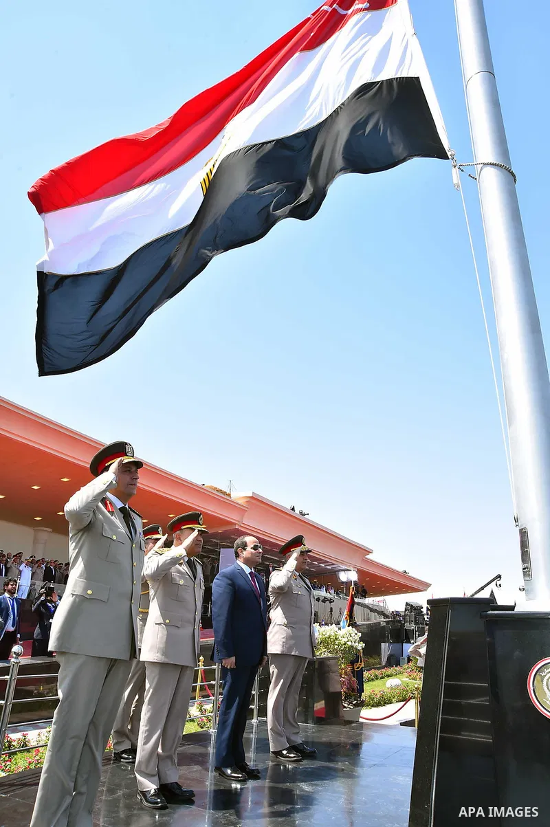 Egyptian President Abdel Fattah al-Sisi during the opening of the Mohamed Najib military base, the graduation of new graduates from military colleges, and the celebration of the 65th anniversary of the July 23 revolution...