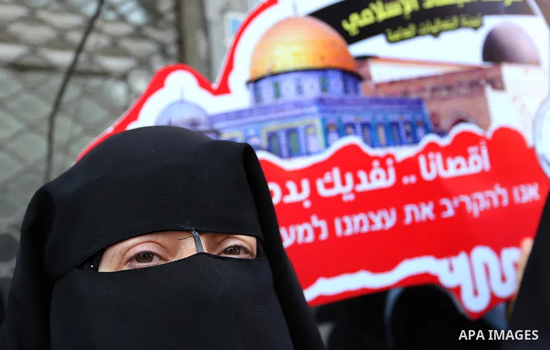 Palestinian supporters of Islamic Jihad take part in a protest against Israel's new security measures at the entrance to the al-Aqsa mosque compound, which include metal detectors and cameras, in Gaza City on July 23, 20...