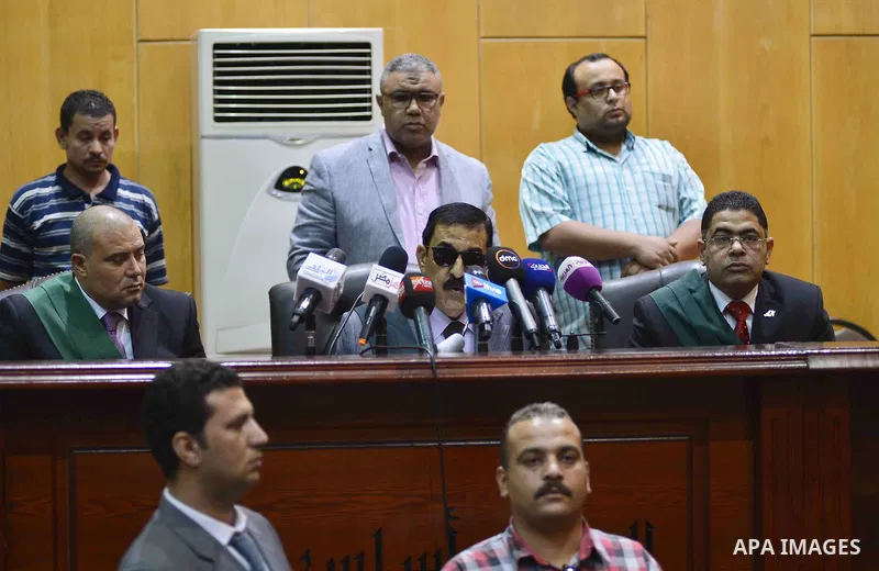Head of Giza Criminal Court, Judge Mohamed Nagy Shehata attends the trial of Egyptian defendants at "Cabinet Incidents" case at the court in Cairo, Egypt, on July 25, 2017. An Egyptian criminal court sentenced 43 activis...