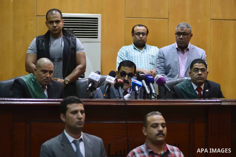 Head of Giza Criminal Court, Judge Mohamed Nagy Shehata attends the trial of Egyptian defendants at "Cabinet Incidents" case at the court in Cairo, Egypt, on July 25, 2017. An Egyptian criminal court sentenced 43 activis...