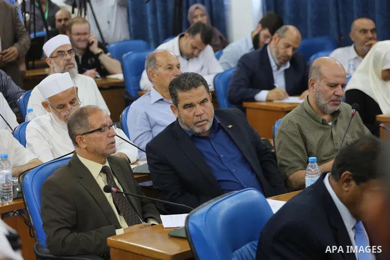 Members of the Palestinian legislative council from Hamas movement attend a meeting at the legislative council, in Gaza city on July 27, 2017. Photo by Mohammed Asad