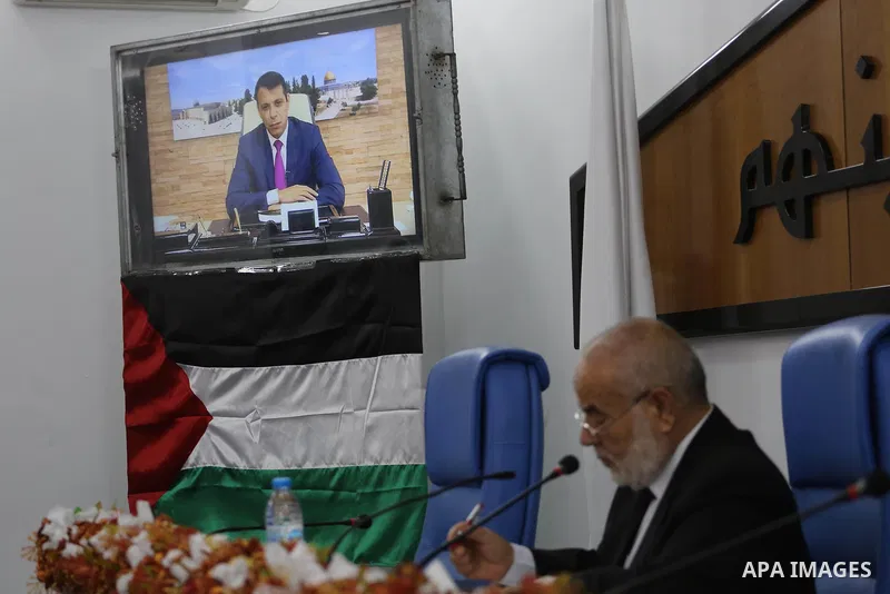 Members of the Palestinian legislative council from Hamas movement attend a meeting at the legislative council, in Gaza city on July 27, 2017. Photo by Mohammed Asad