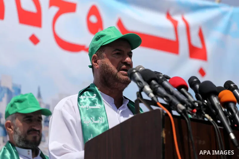 Senior Hamas leader Fathi Hammad speaks during a protest against the recent closure of the Al-Aqsa Mosque compound by Israel, in Jabalia refugee camp in the northern Gaza strip, on July 23, 2017. Photo by Mohammed Asad