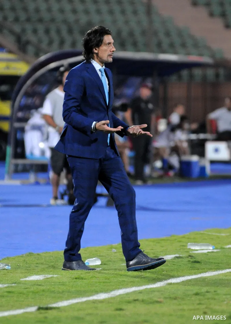 Jordan's Al-Faisaly coach Nebojsa Jovovic reacts during the match between his club and UAE's Al-Wahda clup at Arab Club championship at Al-Salam Stadium in Cairo, Egypt on July 28, 2017. Photo by Amr Sayed