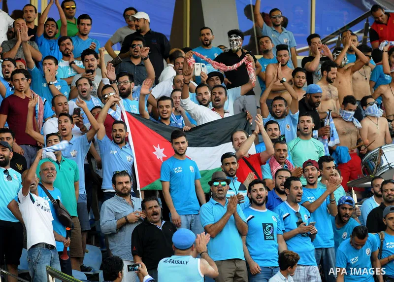 Jordan's Al-Faisaly fans react during the match between Al-Faisaly club and UAE's Al-Wahda clup at Arab Club championship at Al-Salam Stadium in Cairo, Egypt on July 28, 2017. Photo by Amr Sayed