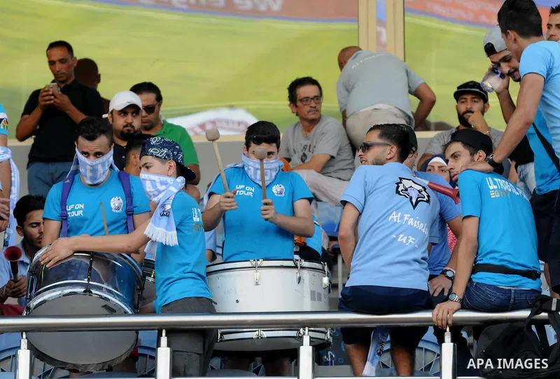 Jordan's Al-Faisaly fans react during the match between Al-Faisaly club and UAE's Al-Wahda clup at Arab Club championship at Al-Salam Stadium in Cairo, Egypt on July 28, 2017. Photo by Amr Sayed