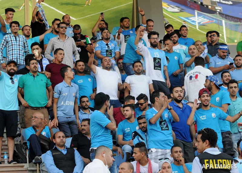 Jordan's Al-Faisaly fans react during the match between Al-Faisaly club and UAE's Al-Wahda clup at Arab Club championship at Al-Salam Stadium in Cairo, Egypt on July 28, 2017. Photo by Amr Sayed
