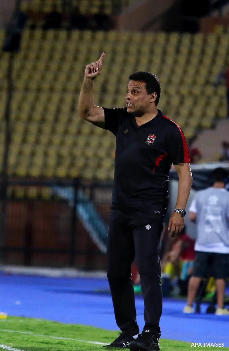 Al Ahly coach Hossam El-Badry reacts during his club match with Al-Nassr Hussein Dey club at Arab Club championship at Al-Salam Stadium in Cairo, Egypt on July 28, 2017. Photo by Amr Sayed