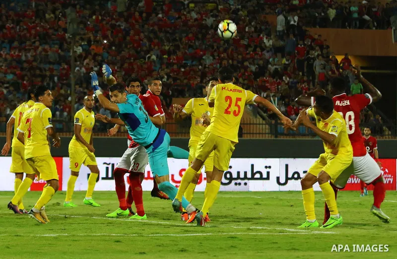 Al-Ahly players and Al-Nassr Hussein Dey player compete during their match at Arab Club championship at Al-Salam Stadium in Cairo, Egypt on July 28, 2017. Photo by Amr Sayed