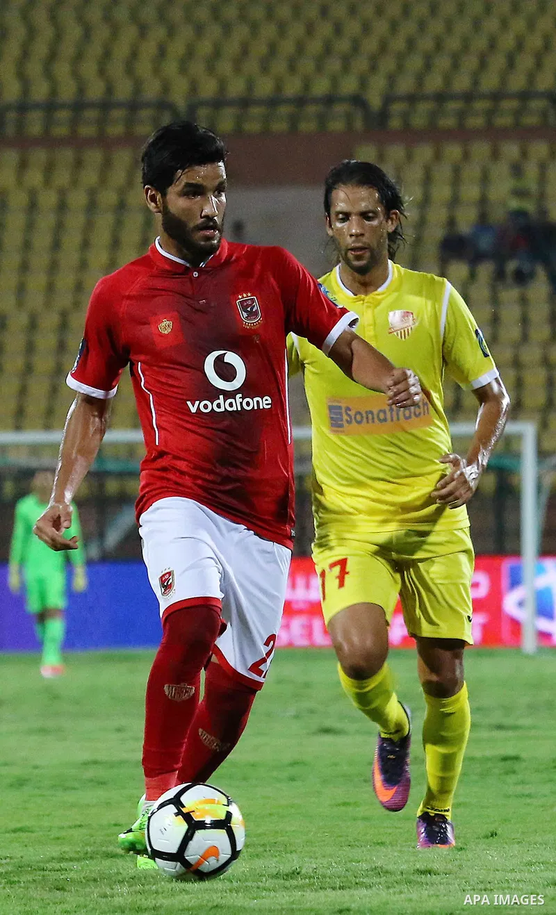 Al-Ahly players and Al-Nassr Hussein Dey player compete during their match at Arab Club championship at Al-Salam Stadium in Cairo, Egypt on July 28, 2017. Photo by Amr Sayed