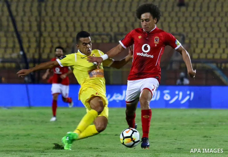Al-Ahly players and Al-Nassr Hussein Dey player compete during their match at Arab Club championship at Al-Salam Stadium in Cairo, Egypt on July 28, 2017. Photo by Amr Sayed