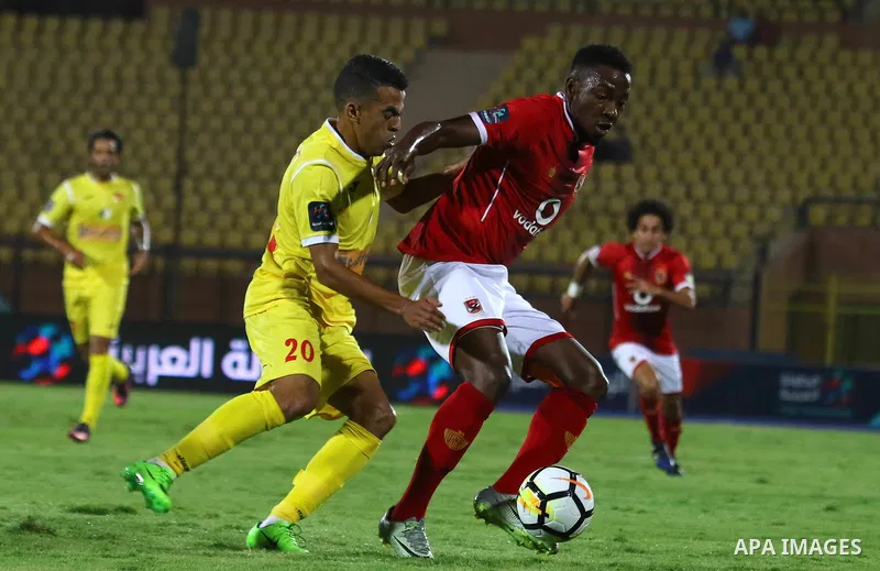 Al-Ahly players and Al-Nassr Hussein Dey player compete during their match at Arab Club championship at Al-Salam Stadium in Cairo, Egypt on July 28, 2017. Photo by Amr Sayed