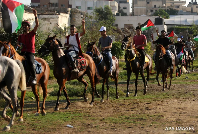 Palestinians hold the national flags as they ride horses during parade of horses in Gaza city on August 2, 2017. Photo by Ashraf Amra