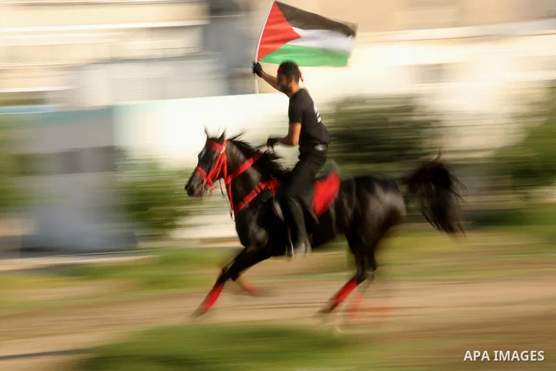 A Palestinian man holds the national flag as he rides a horse during parade of horses in Gaza city on August 2, 2017. Photo by Ashraf Amra