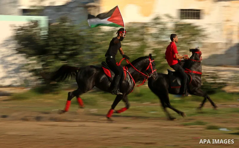 Palestinians ride horses during parade of horses in Gaza city on August 2, 2017. Photo by Ashraf Amra