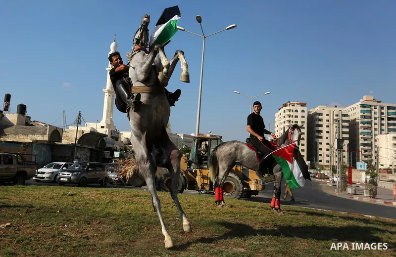 A Palestinian man holds the national flag as he rides a horse during parade of horses in Gaza city on August 2, 2017. Photo by Ashraf Amra