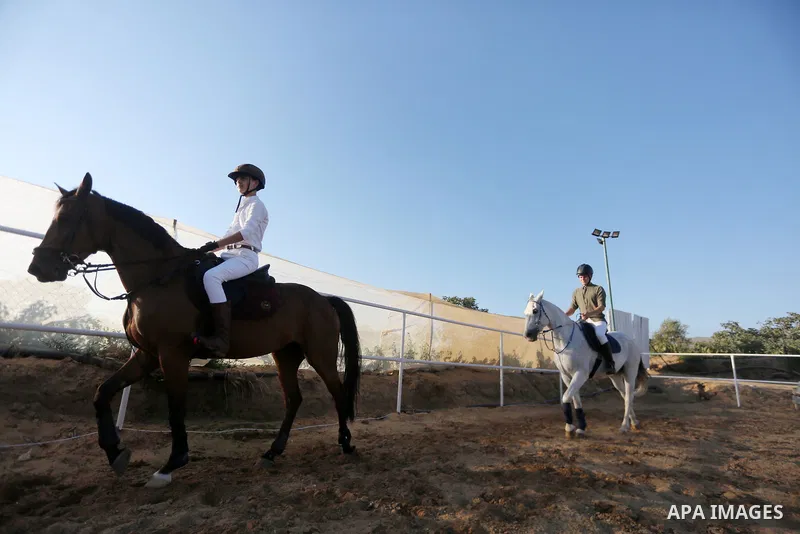 Palestinian boys prepares their horses before a jump obstacles championship, in Gaza city on August 4, 2017. Photo by Mohammed Asad