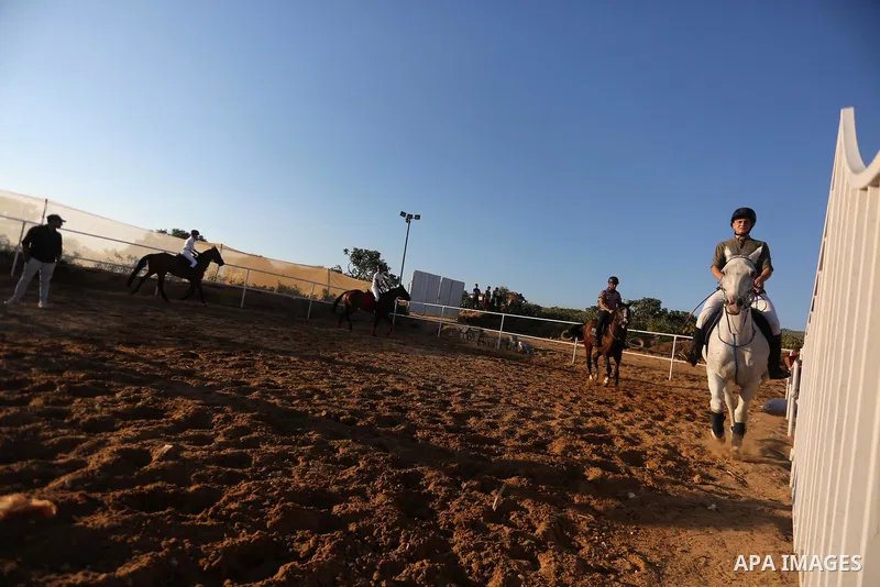 Palestinian boys prepares their horses before a jump obstacles championship, in Gaza city on August 4, 2017. Photo by Mohammed Asad
