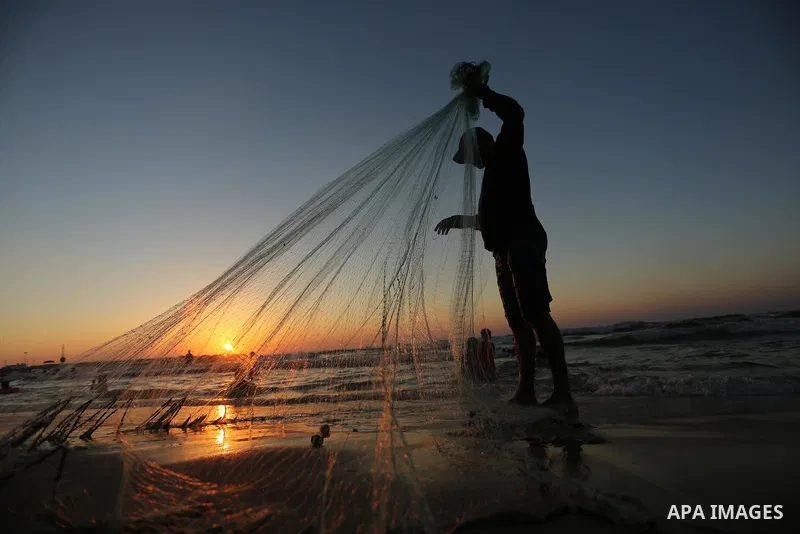 A Palestinian fisherman pulls his nets on a beach in Gaza City on August 4, 2017. Photo by Ashraf Amra