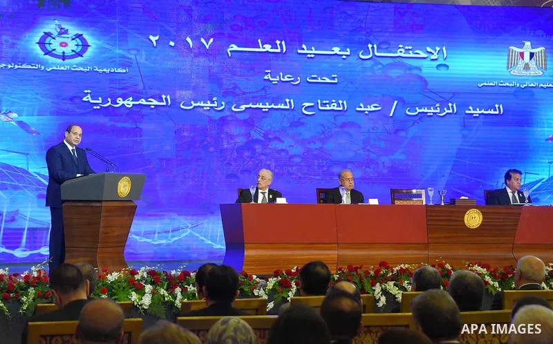 Egyptian President Abdel Fattah al-Sisi speaks during a ceremony of Science day in Cairo, Egypt, on August 6, 2017. Photo by Egyptian President Office