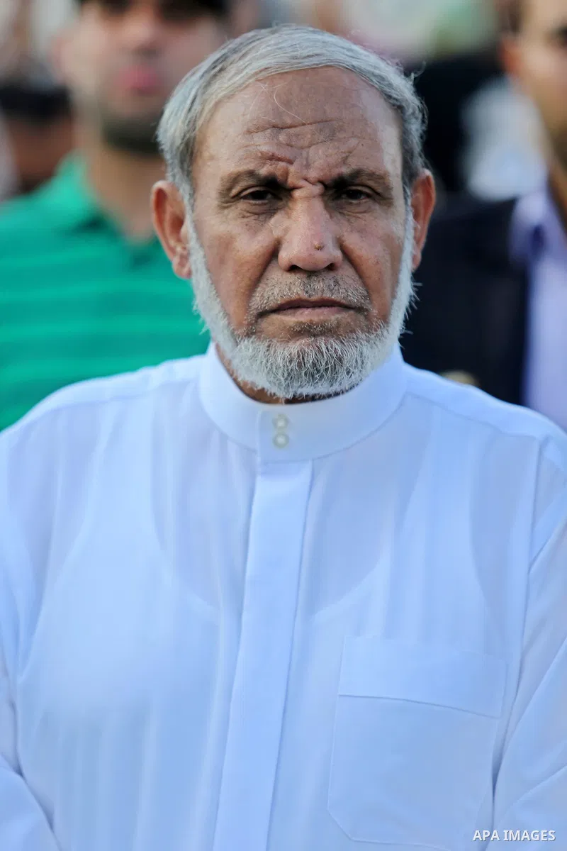 Senior Hamas leader Mahmoud al-Zahar attends the opening ceremony of Mazen Faqha square, in Nusseirat refugee camp, in the central Gaza Strip, on August 6, 2017. Photo by Ashraf Amra