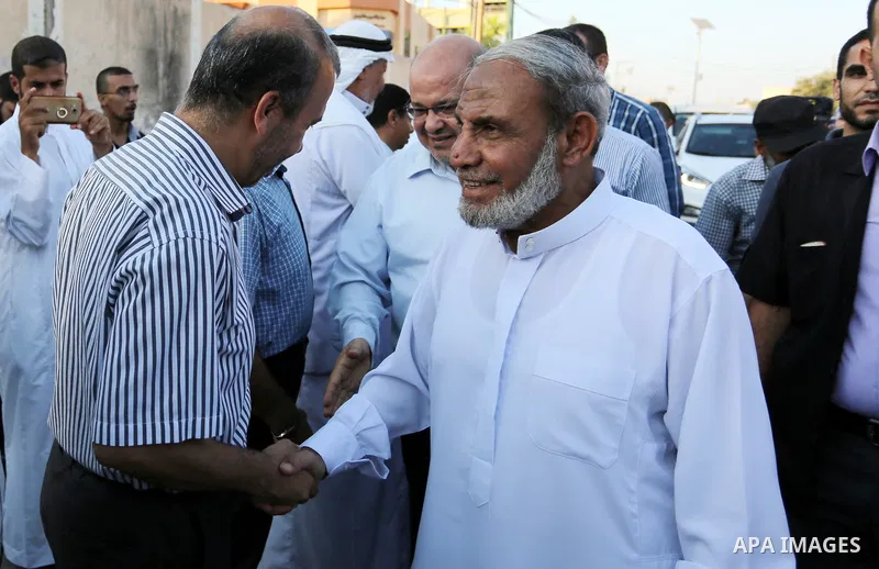 Senior Hamas leader Mahmoud al-Zahar attends the opening ceremony of Mazen Faqha square, in Nusseirat refugee camp, in the central Gaza Strip, on August 6, 2017. Photo by Ashraf Amra