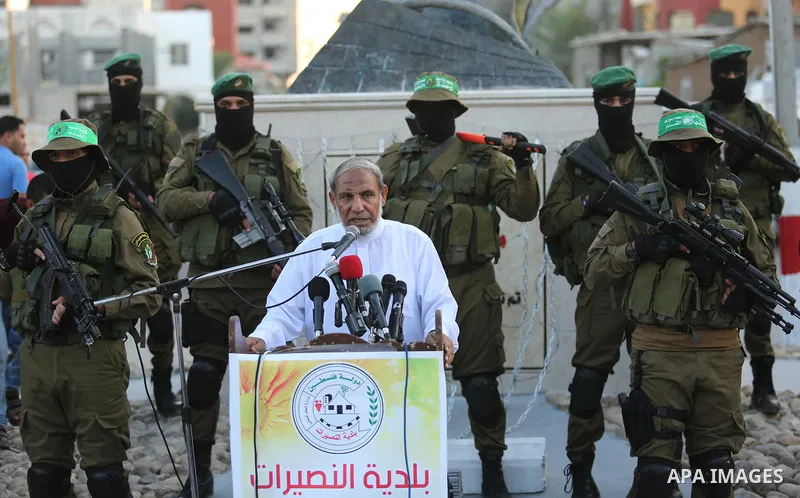 Senior Hamas leader Mahmoud al-Zahar speaks during the opening ceremony of Mazen Faqha square, in Nusseirat refugee camp, in the central Gaza Strip, on August 6, 2017. Photo by Ashraf Amra