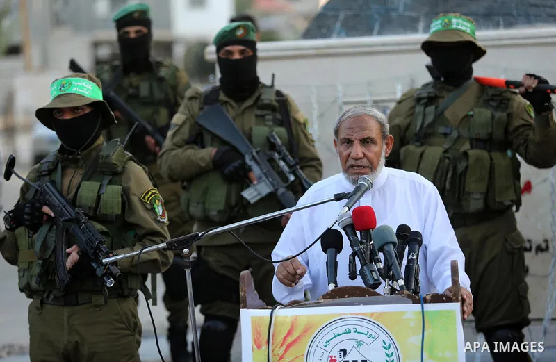 Senior Hamas leader Mahmoud al-Zahar speaks during the opening ceremony of Mazen Faqha square, in Nusseirat refugee camp, in the central Gaza Strip, on August 6, 2017. Photo by Ashraf Amra