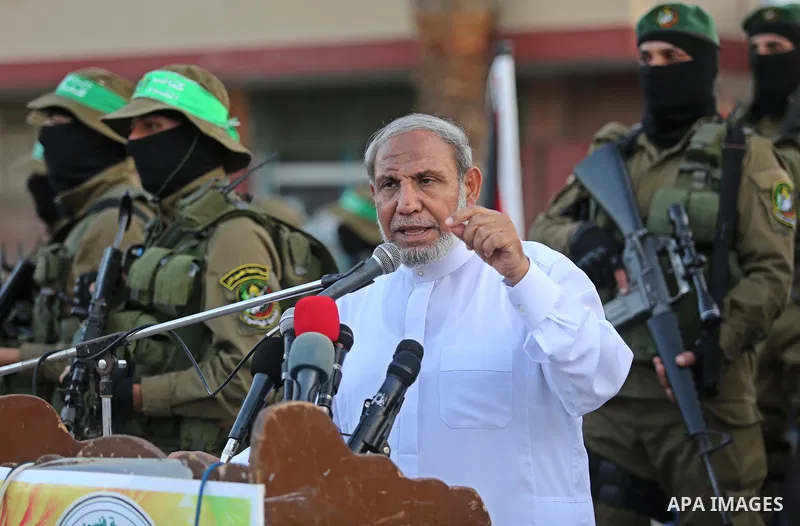 Senior Hamas leader Mahmoud al-Zahar speaks during the opening ceremony of Mazen Faqha square, in Nusseirat refugee camp, in the central Gaza Strip, on August 6, 2017. Photo by Ashraf Amra