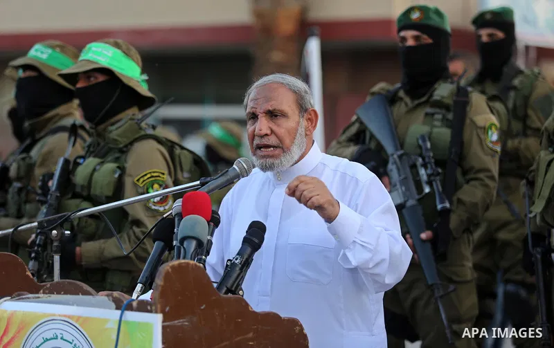 Senior Hamas leader Mahmoud al-Zahar speaks during the opening ceremony of Mazen Faqha square, in Nusseirat refugee camp, in the central Gaza Strip, on August 6, 2017. Photo by Ashraf Amra
