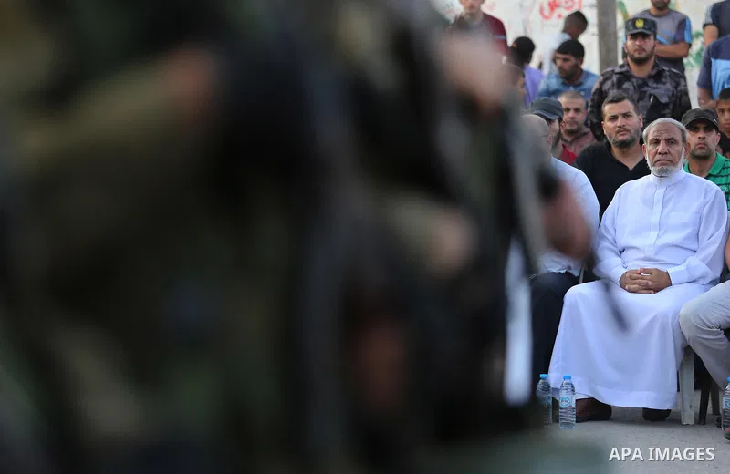 Senior Hamas leader Mahmoud al-Zahar attends the opening ceremony of Mazen Faqha square, in Nusseir at refugee camp, in the central Gaza Strip, on August 6, 2017. Photo by Ashraf Amra