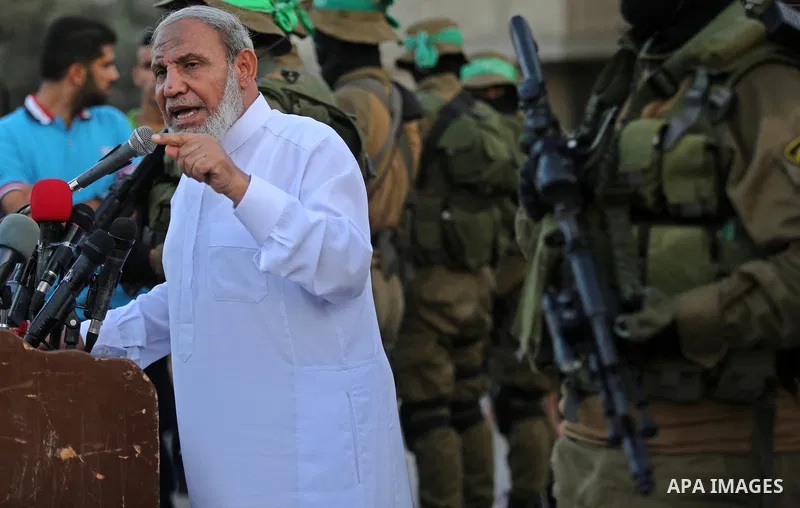 Senior Hamas leader Mahmoud al-Zahar attends the opening ceremony of Mazen Faqha square, in Nusseir at refugee camp, in the central Gaza Strip, on August 6, 2017. Photo by Ashraf Amra