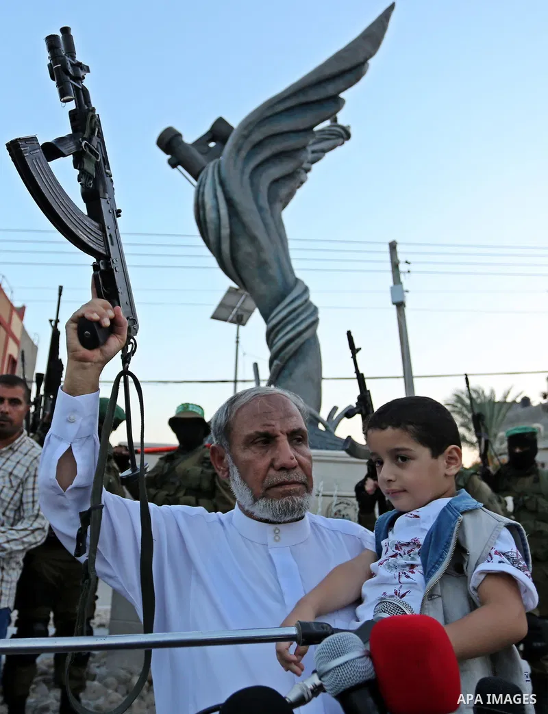 Senior Hamas leader Mahmoud al-Zahar attends the opening ceremony of Mazen Faqha square, in Nusseir at refugee camp, in the central Gaza Strip, on August 6, 2017. Photo by Ashraf Amra