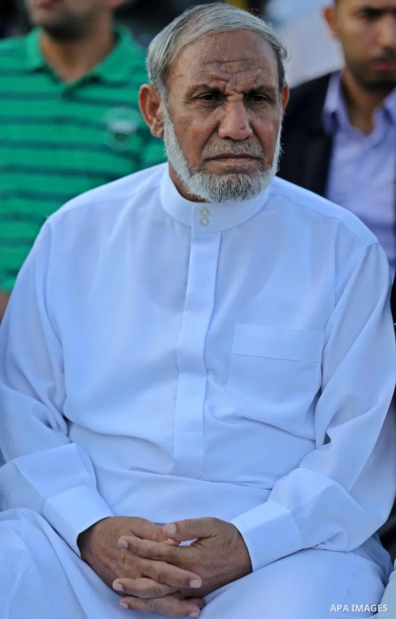 Senior Hamas leader Mahmoud al-Zahar attends the opening ceremony of Mazen Faqha square, in Nusseir at refugee camp, in the central Gaza Strip, on August 6, 2017. Photo by Ashraf Amra