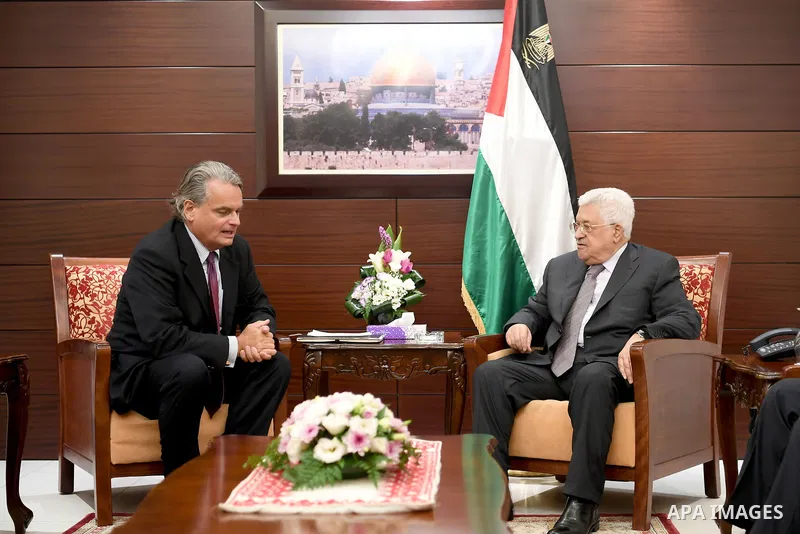 Palestinian President Mahmoud Abbas meets with the peace process envoy, Bir Oreniosin in the West Bank city of Ramallah, on August 8, 2017. Photo by Osama Falah