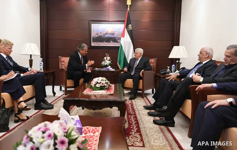 Palestinian President Mahmoud Abbas meets with the peace process envoy, Bir Oreniosin in the West Bank city of Ramallah, on August 8, 2017. Photo by Osama Falah