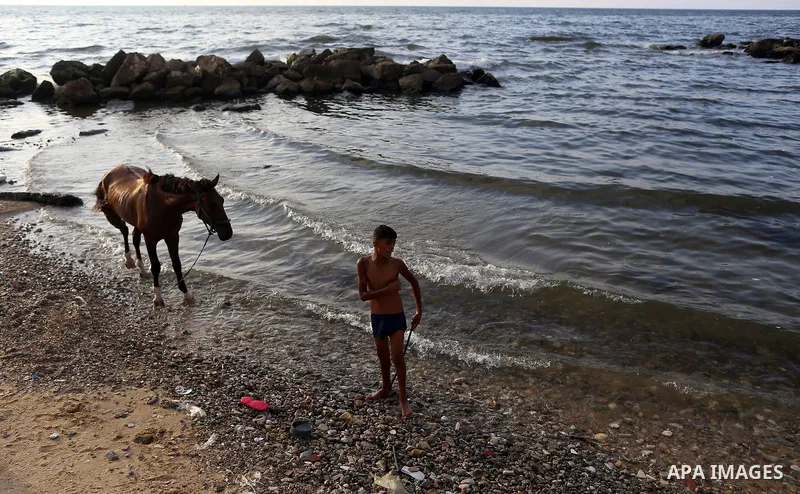A Palestinian youth plays with his horse at the beach of the Mediterranean sea on the coast of Gaza city on August 9, 2017. Photo by Yasser Qudih