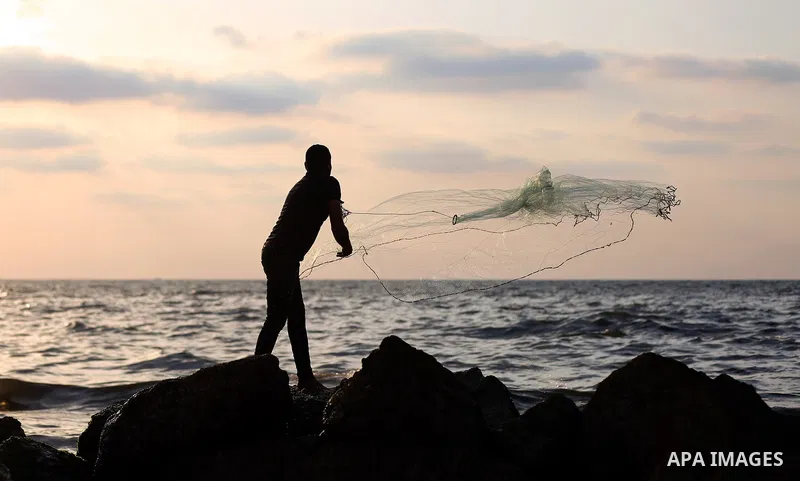 A Palestinian fisherman throws his net into the Mediterranean sea at the beach of Gaza city on August 9, 2017. Photo by Yasser Qudih